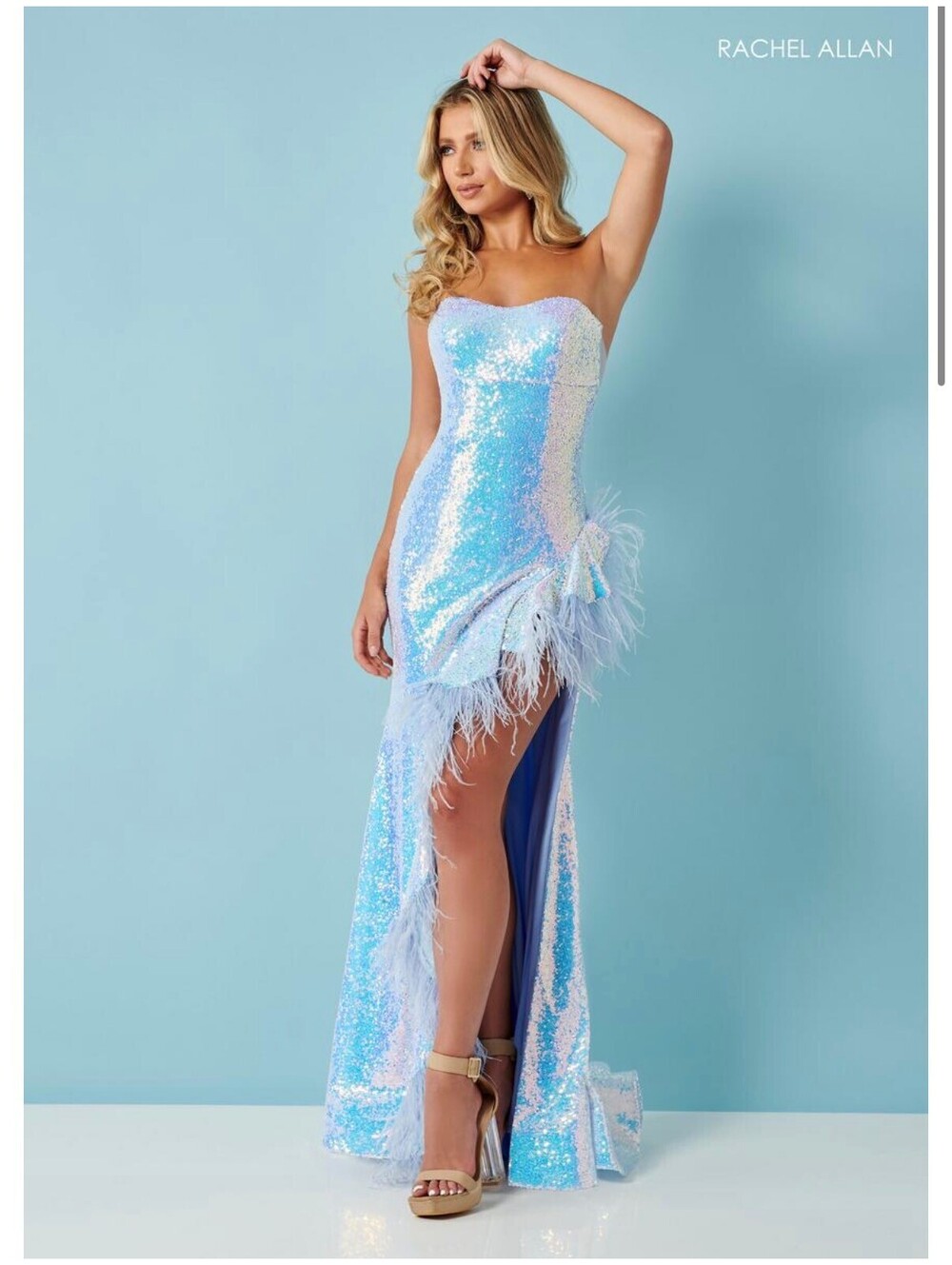 Metallic Powder Blue Prom Dress Size 6 Formal Gown Pageant Ostrich Feather HOCO
